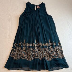 Not So Serious Womens's Teal Sleeveless Dress Gold Beading Accents Size 6